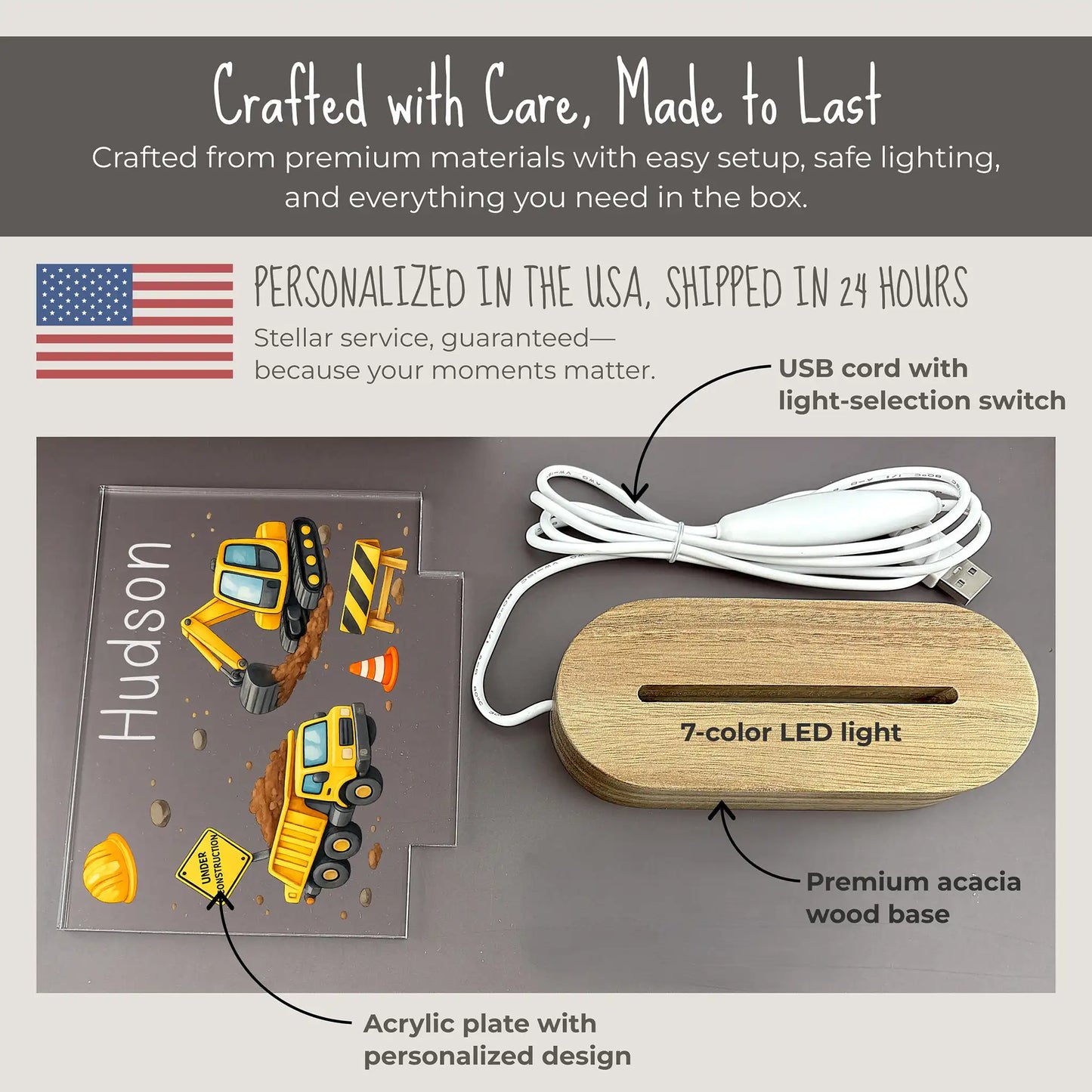 
Personalized construction night light components showing UV printed acrylic plate with custom name and design, premium acacia wood base with 7-color LED, and USB cord with light-selection switch