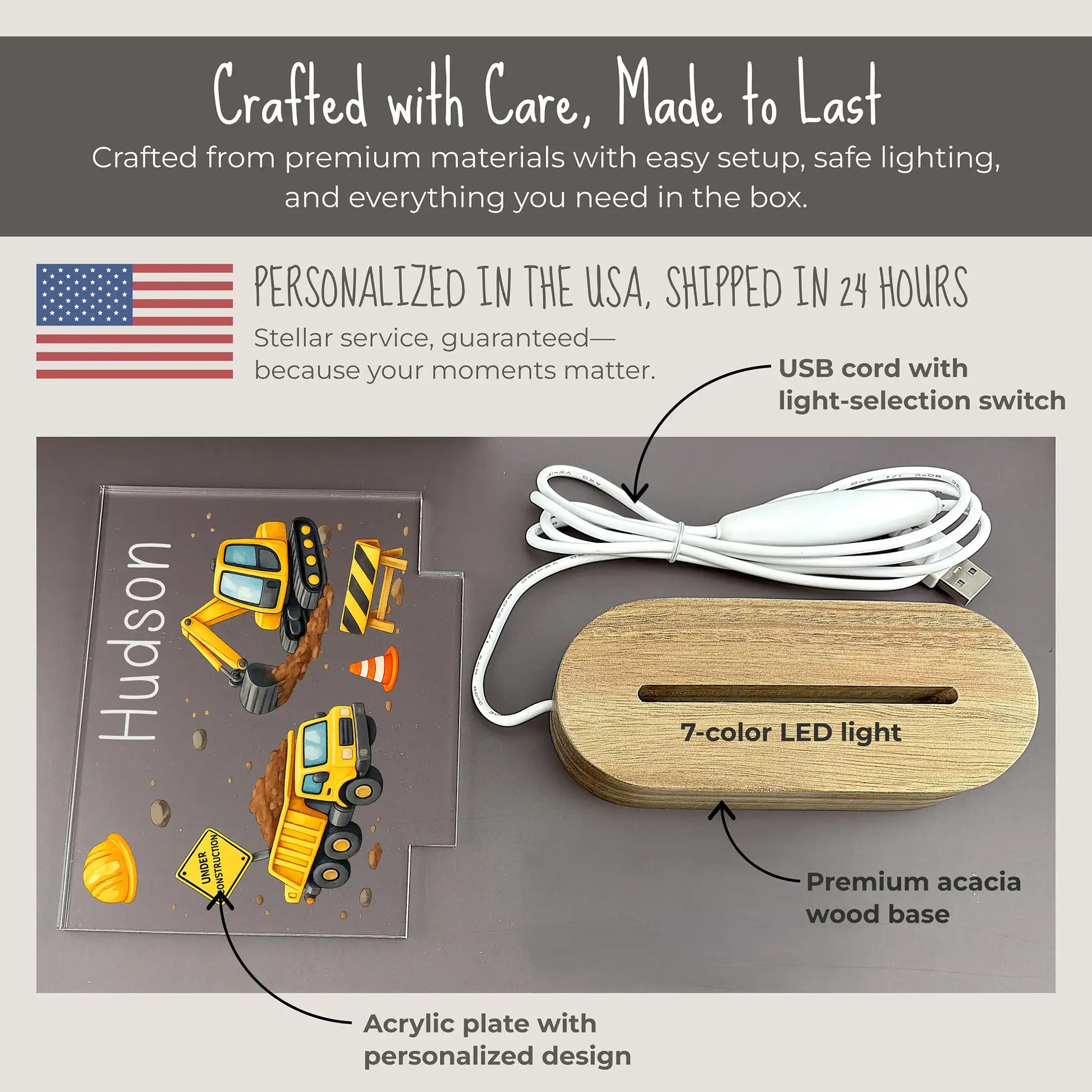 
Personalized construction night light components showing UV printed acrylic plate with custom name and design, premium acacia wood base with 7-color LED, and USB cord with light-selection switch