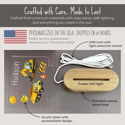 
Personalized construction night light components showing UV printed acrylic plate with custom name and design, premium acacia wood base with 7-color LED, and USB cord with light-selection switch