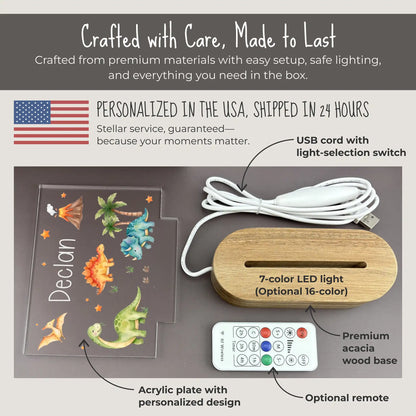 Product packaging with 7-color LED light, USB cord, remote control, and personalized acrylic plate on a gray background.