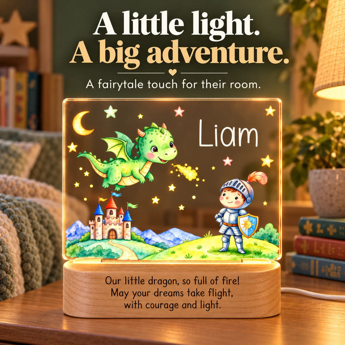 Personalized dragon and knight night light glowing on a nightstand, a fairytale touch for a kids room