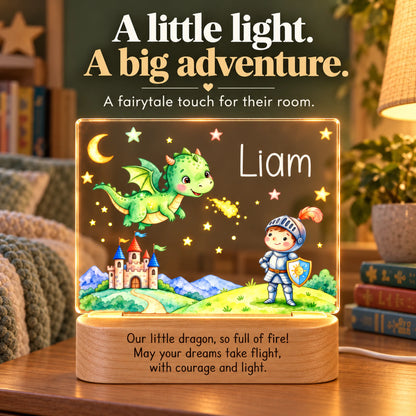 Personalized dragon and knight night light glowing on a nightstand, a fairytale touch for a kids room