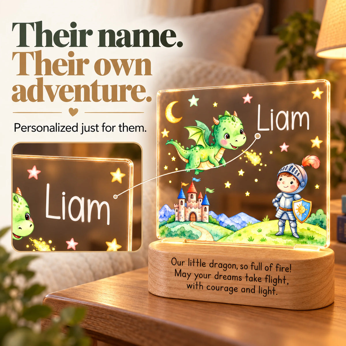 Personalized dragon and knight night light with a close-up of the child's name on the acrylic panel