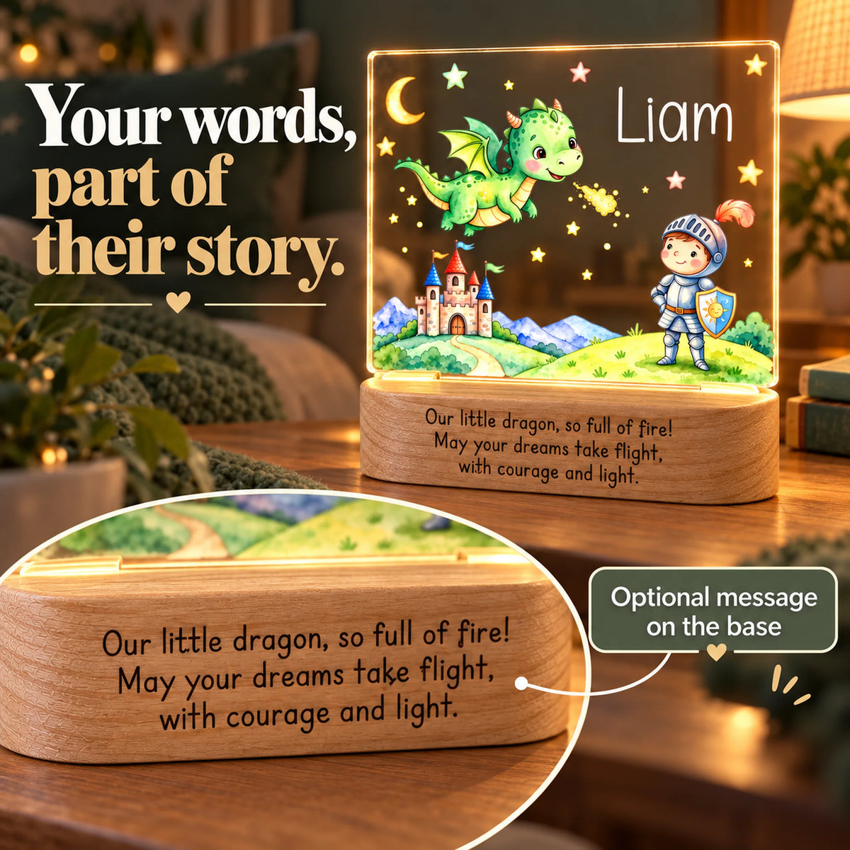 Personalized dragon night light with an optional message engraved on the wood base