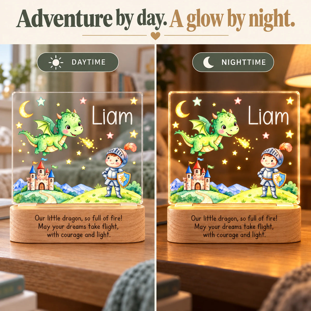 Side-by-side of the personalized dragon and knight night light in daytime and glowing at night