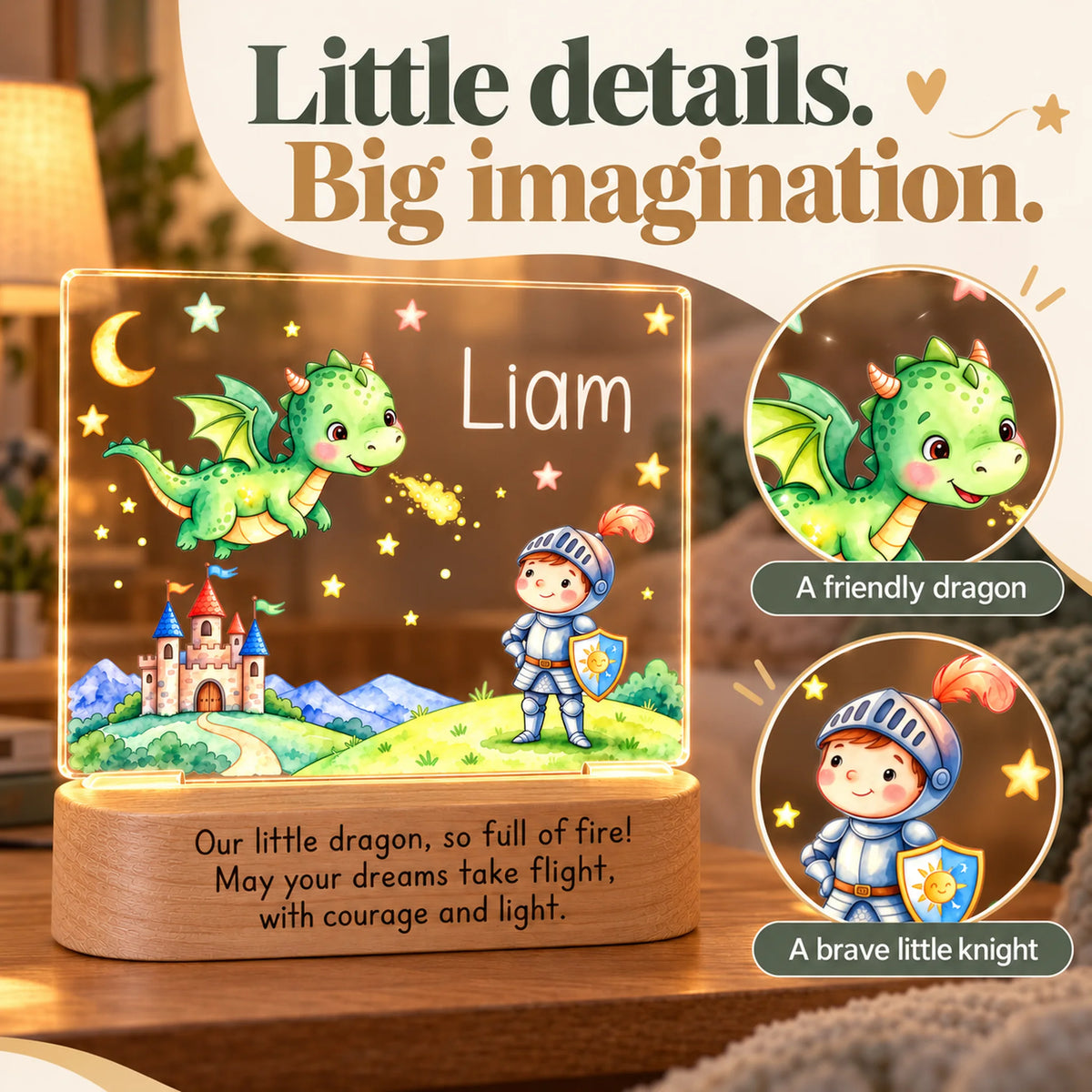 Design details of the personalized night light: a friendly green dragon and a brave little knight