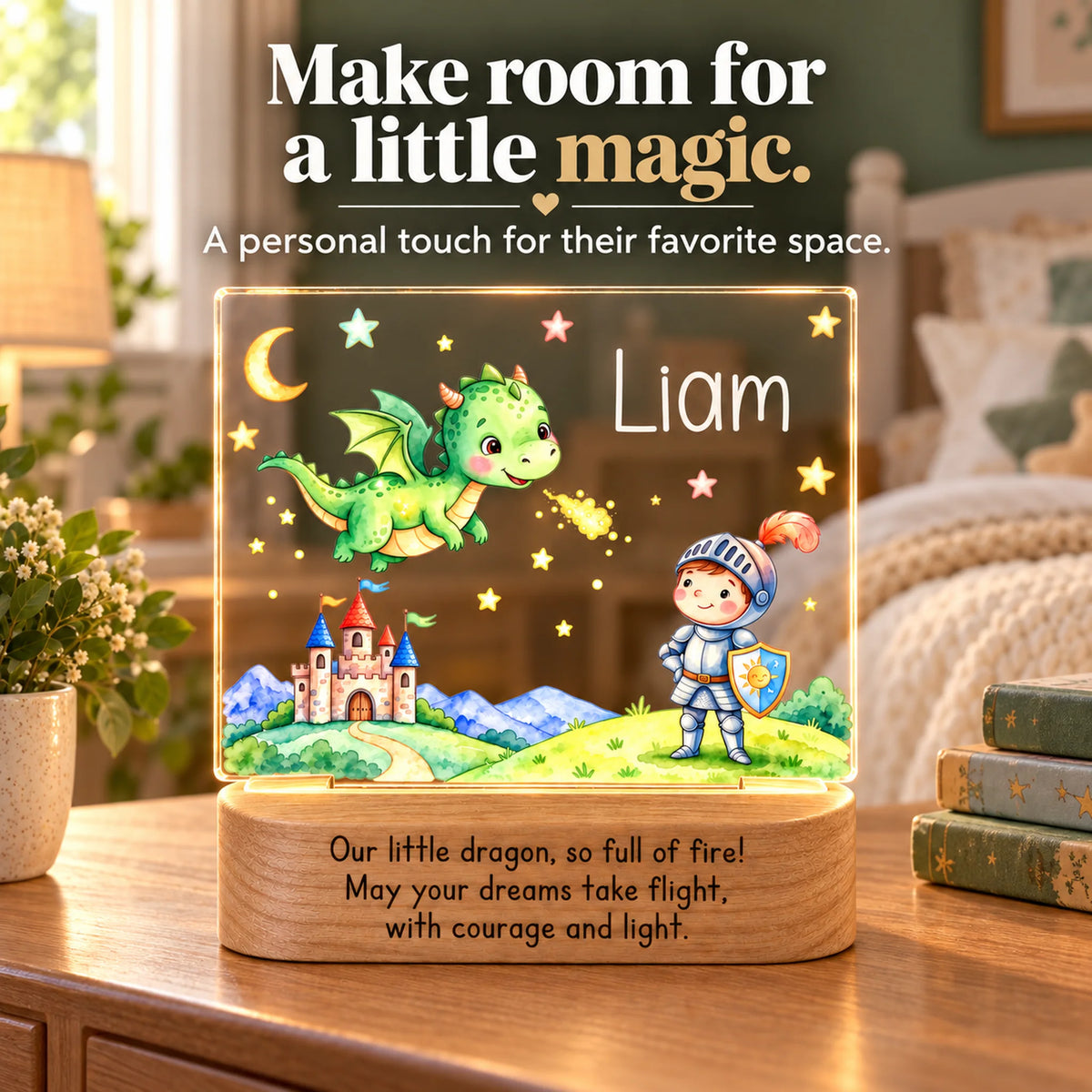 Personalized dragon and knight night light glowing on a bedside table in a cozy kids bedroom