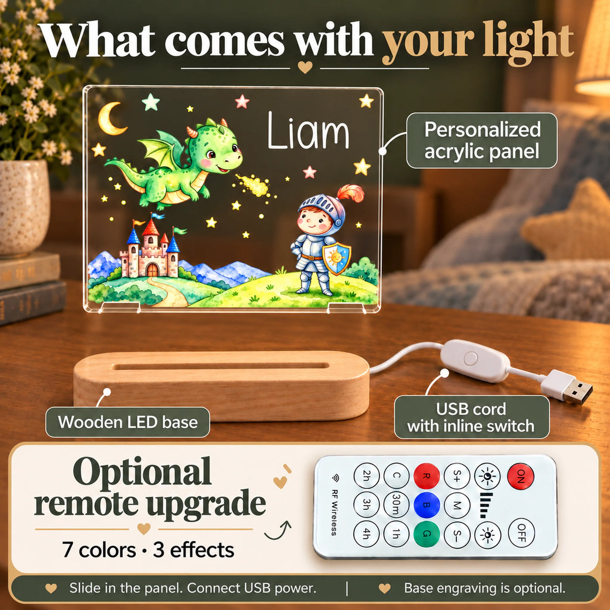 What comes with the personalized dragon night light: acrylic panel, wooden LED base, USB cord, optional remote