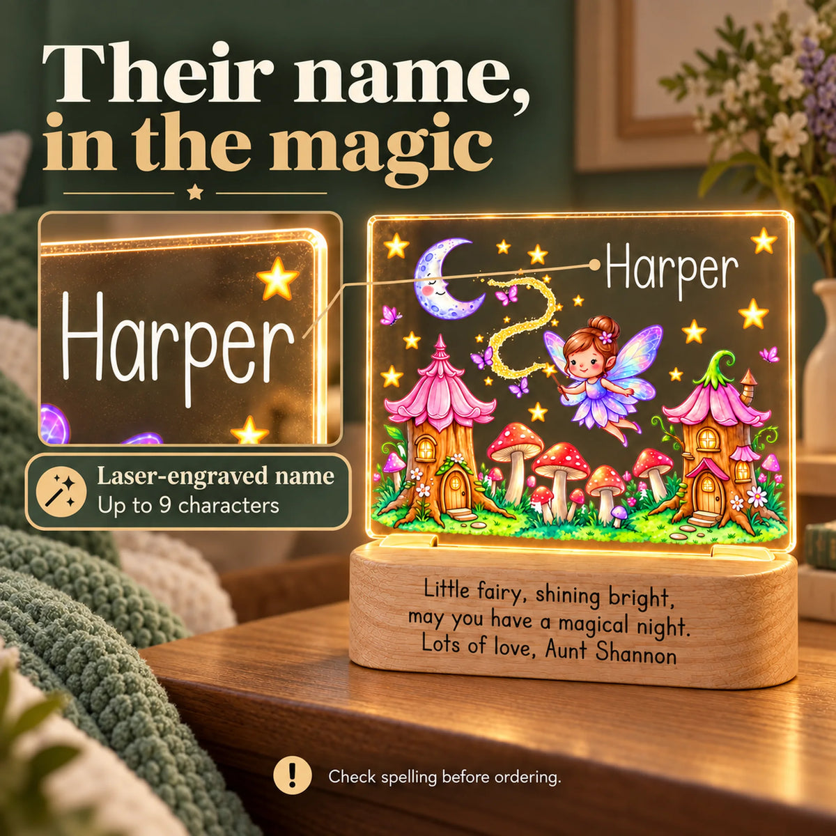 Personalized fairy garden night light with a close-up of the laser-engraved name, up to 9 characters