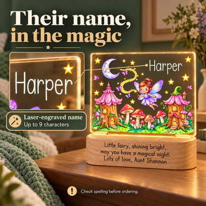Personalized fairy garden night light with a close-up of the laser-engraved name, up to 9 characters