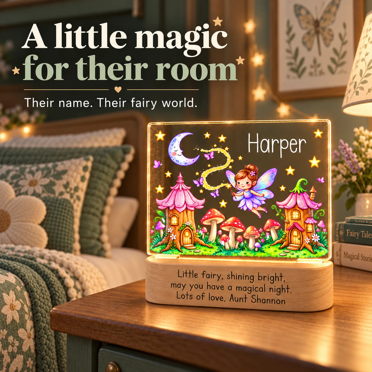 Personalized fairy garden night light glowing on a bedside table in a cozy kids bedroom