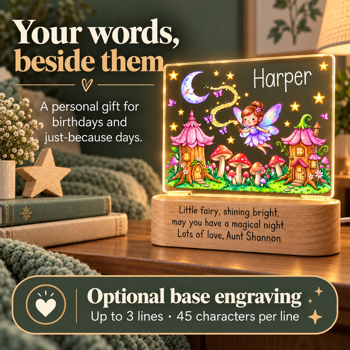 Personalized fairy garden kids night light with optional base engraving, up to 3 lines of 45 characters
