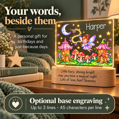 Personalized fairy garden kids night light with optional base engraving, up to 3 lines of 45 characters