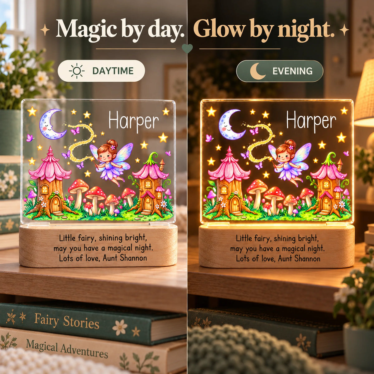 Side-by-side of the personalized fairy garden night light in daytime and glowing in the evening
