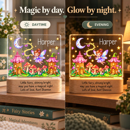 Side-by-side of the personalized fairy garden night light in daytime and glowing in the evening