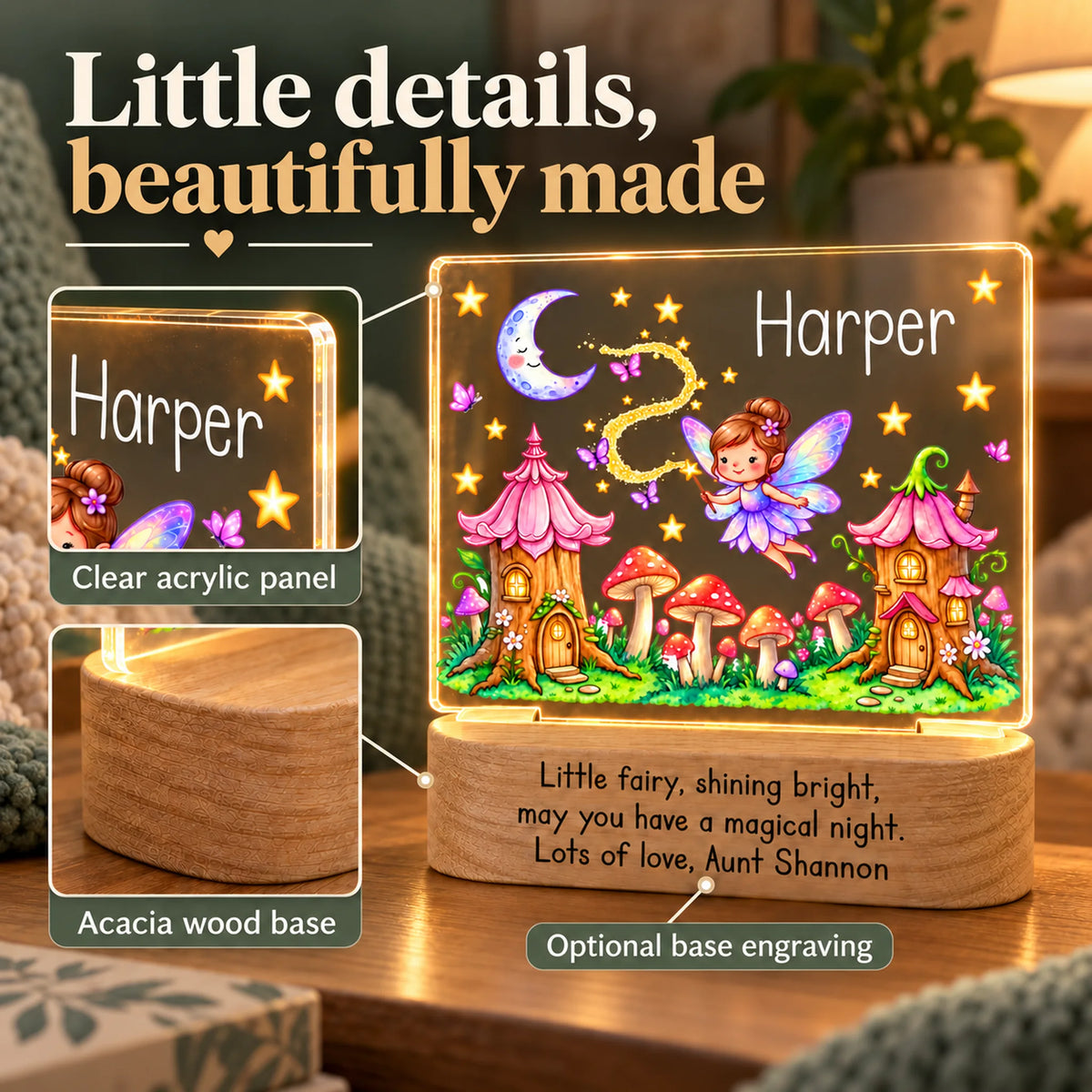 Close-up details of the personalized fairy night light: clear acrylic panel and acacia wood base