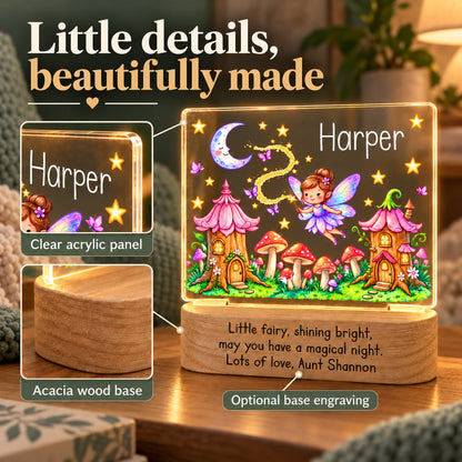 Close-up details of the personalized fairy night light: clear acrylic panel and acacia wood base