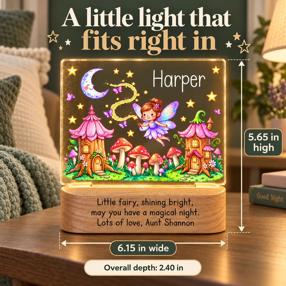Personalized fairy garden night light dimensions: 6.15 in wide, 5.65 in high, 2.40 in deep