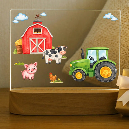 Blank personalized farm night light acrylic plate with UV printed red barn green tractor cow pig chicken and clouds, kids room decor