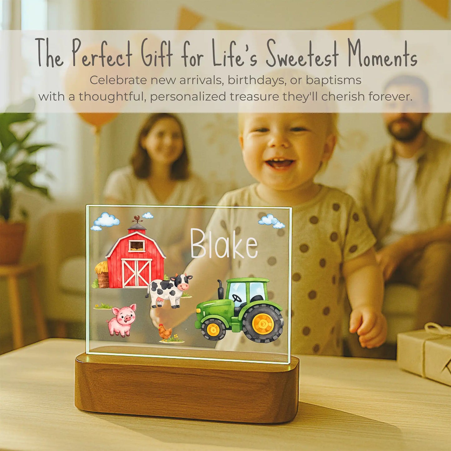 Personalized kids farm night light displayed at birthday celebration, custom name Blake laser engraved on acrylic plate, gift for toddler boys who love farm animals and tractors, ships within 24 hours