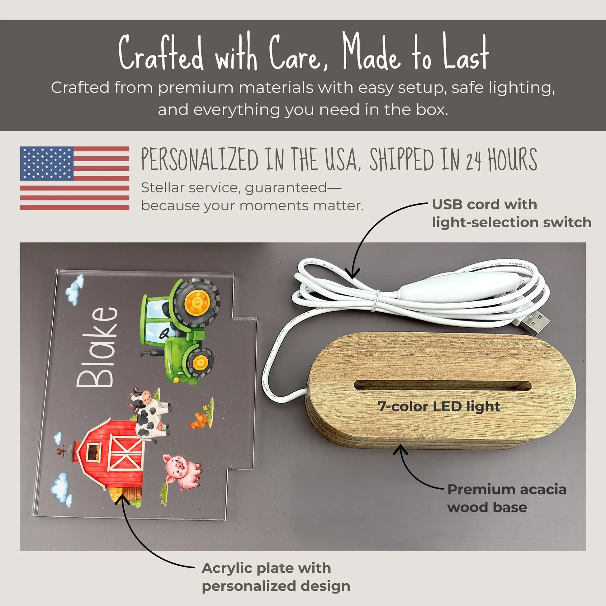 Personalized farm night light components showing UV printed acrylic plate with laser engraved name Blake and barn tractor farm animal design, premium acacia wood base with 7-color LED, and USB cord with light selection switch