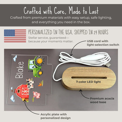 Personalized farm night light components showing UV printed acrylic plate with laser engraved name Blake and barn tractor farm animal design, premium acacia wood base with 7-color LED, and USB cord with light selection switch