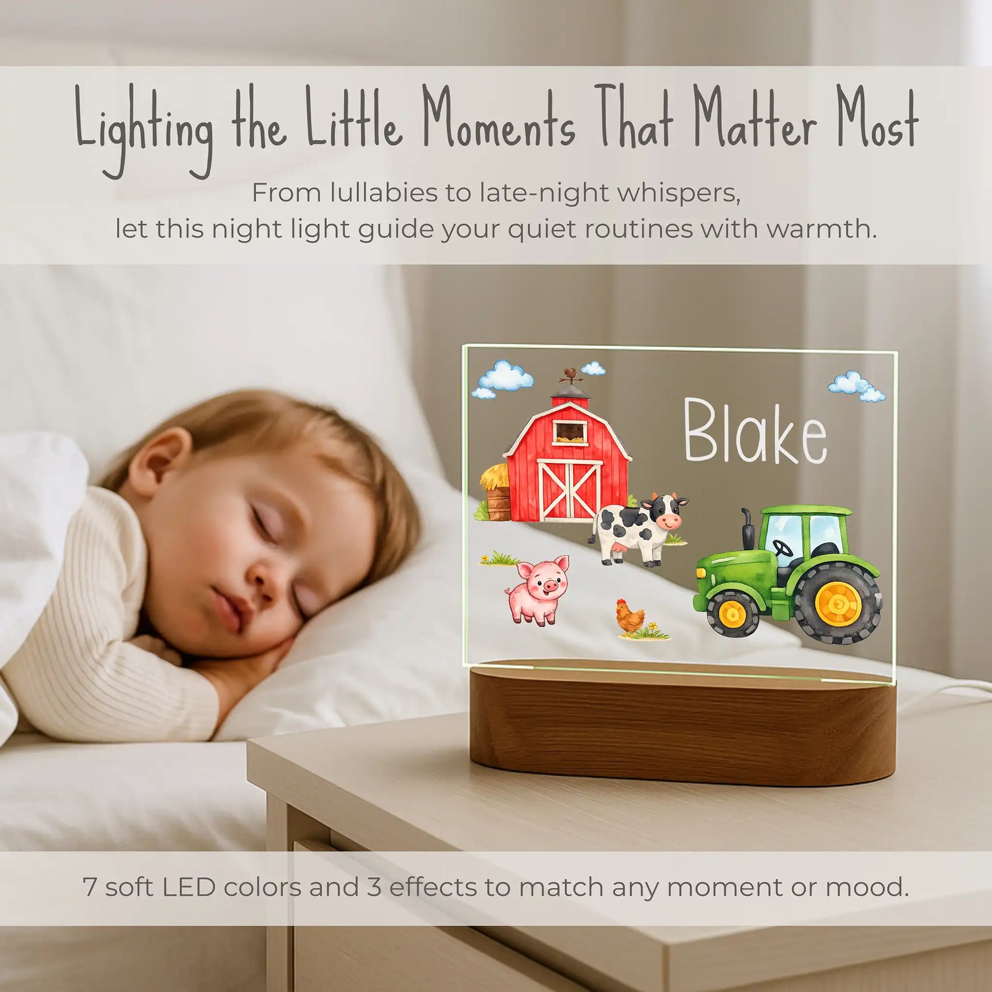 Personalized farm night light on nightstand beside sleeping child, 7 soft LED colors and 3 effects, custom name Blake laser engraved on barn tractor and farm animal design