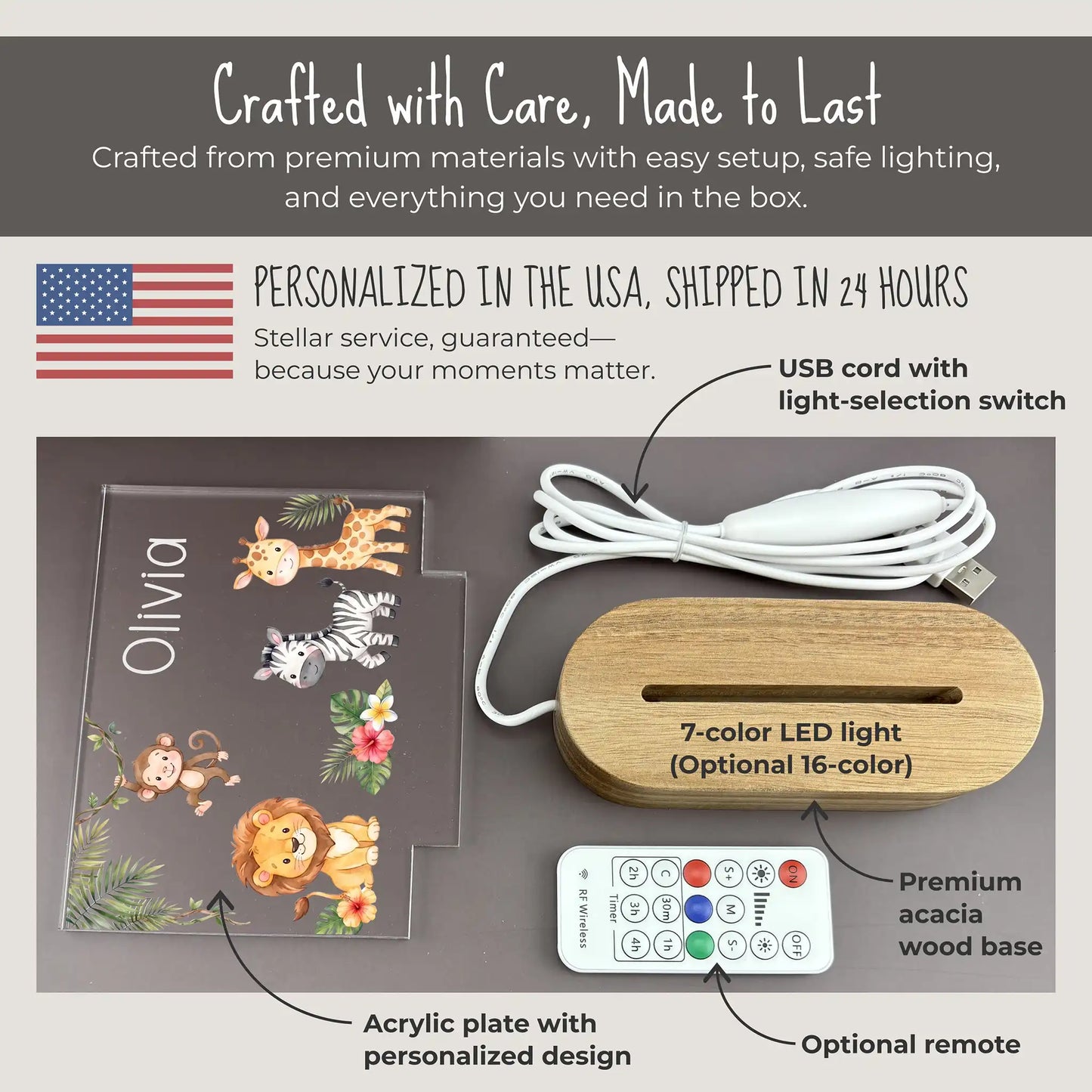 Personalized safari night light components including acrylic plate, acacia wood base, USB cord, and optional wireless remote