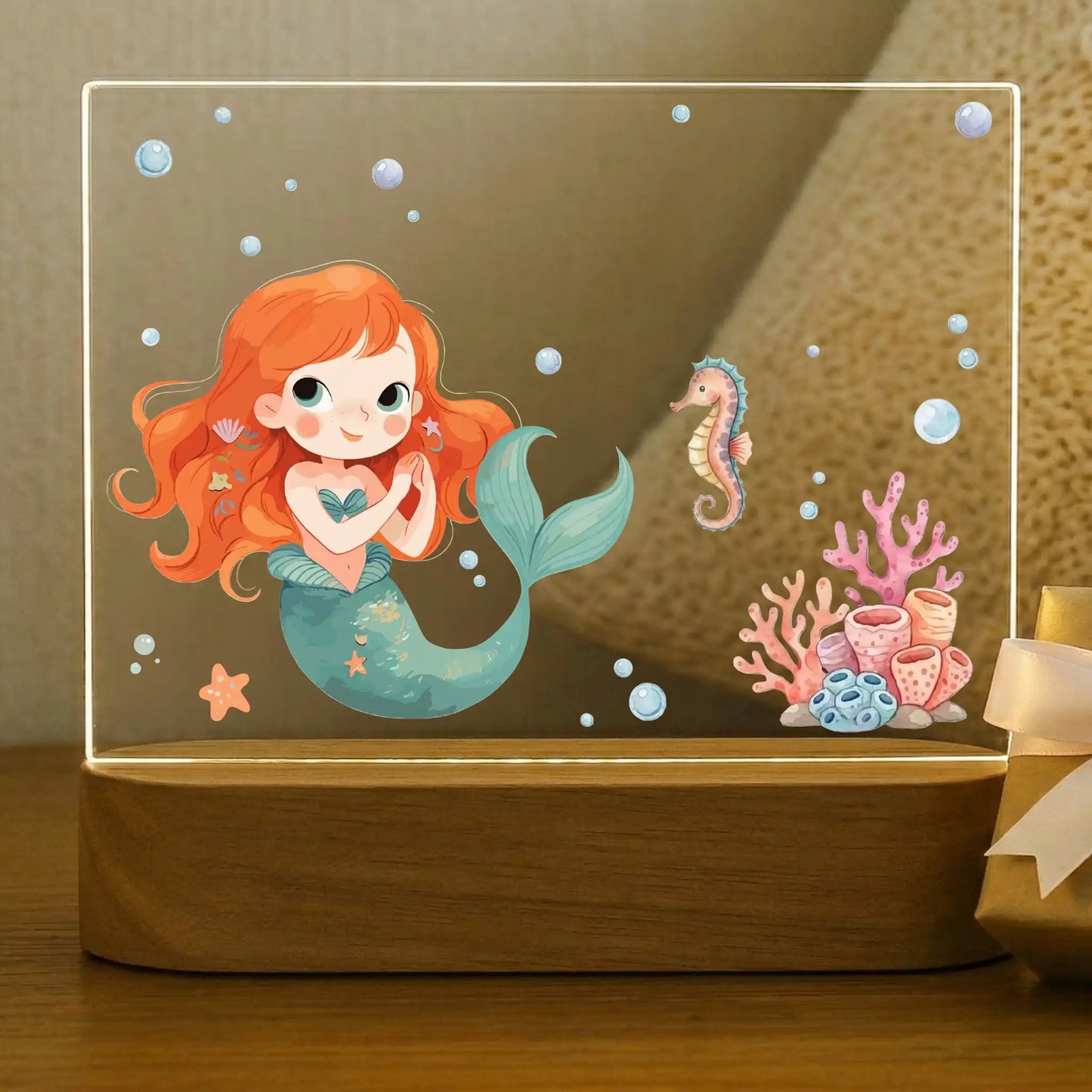 Blank personalized mermaid night light acrylic plate with red-haired mermaid seahorse pink coral starfish and bubbles UV printed design, girls room decor