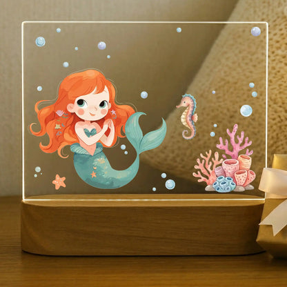 Blank personalized mermaid night light acrylic plate with red-haired mermaid seahorse pink coral starfish and bubbles UV printed design, girls room decor