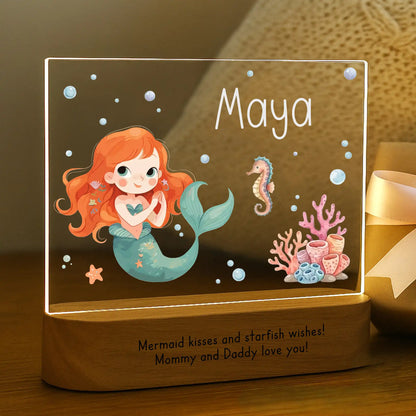 Personalized mermaid night light glowing with custom name Maya on acrylic and Mermaid Kisses and Starfish Wishes message laser engraved on acacia wood base