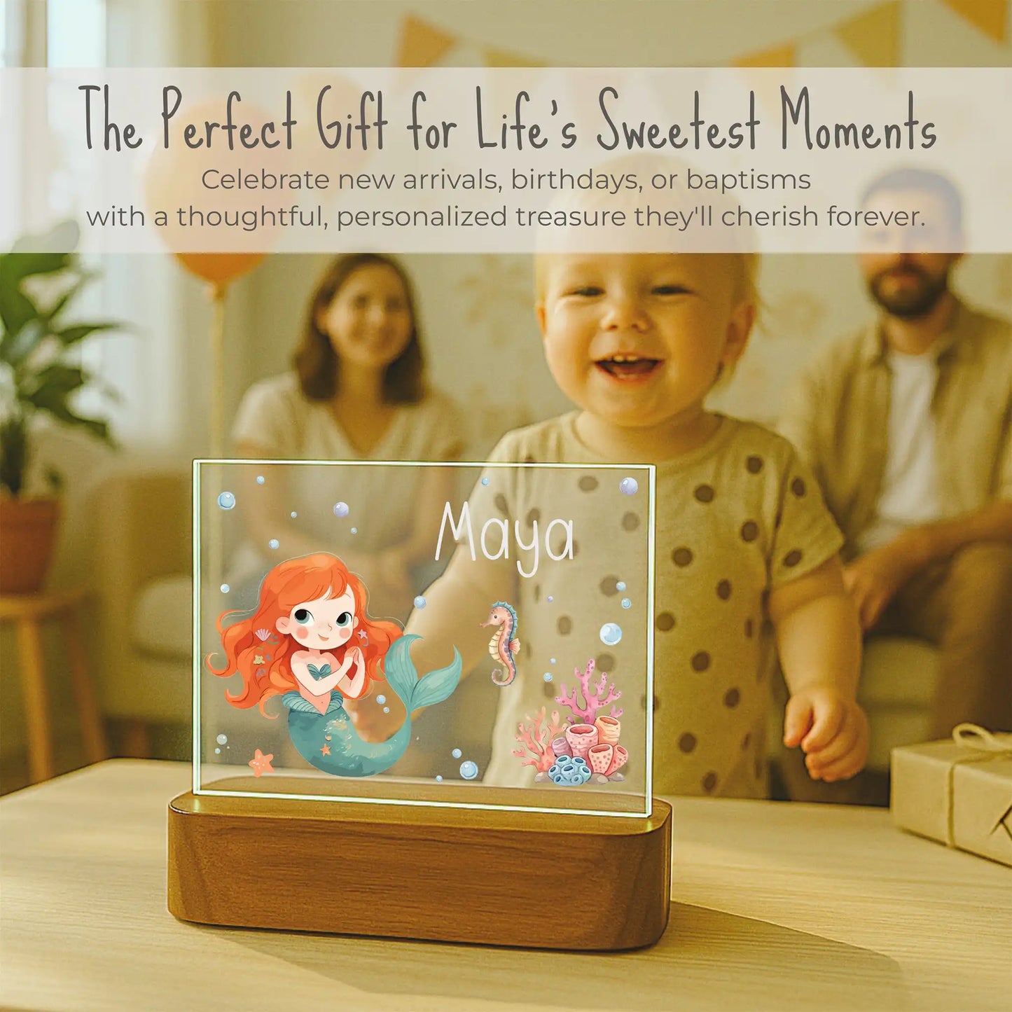 Personalized girls mermaid night light displayed at birthday celebration, custom name Maya on acrylic plate, gift for toddler girls who love mermaids, ships within 24 hours