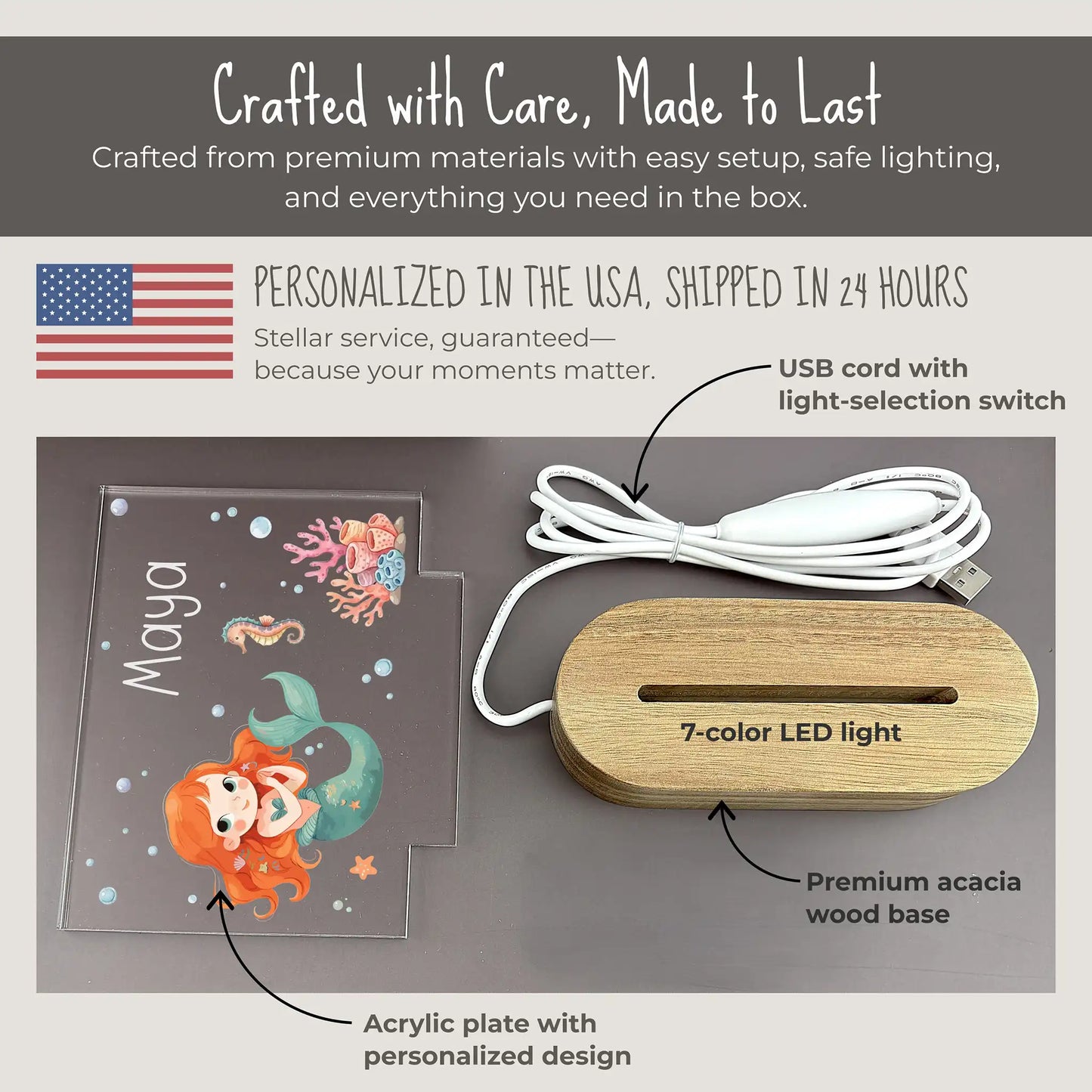 Personalized mermaid night light components showing UV printed acrylic plate with custom name and mermaid ocean design, premium acacia wood base with 7-color LED, and USB cord with light-selection switch