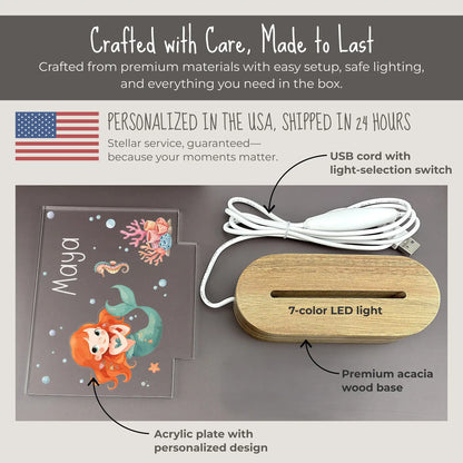 Personalized mermaid night light components showing UV printed acrylic plate with custom name and mermaid ocean design, premium acacia wood base with 7-color LED, and USB cord with light-selection switch