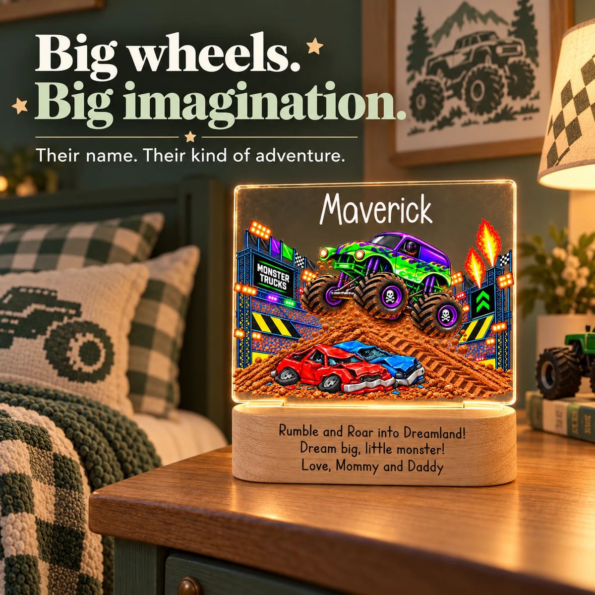 Personalized monster truck kids night light glowing on a nightstand in a truck-themed bedroom