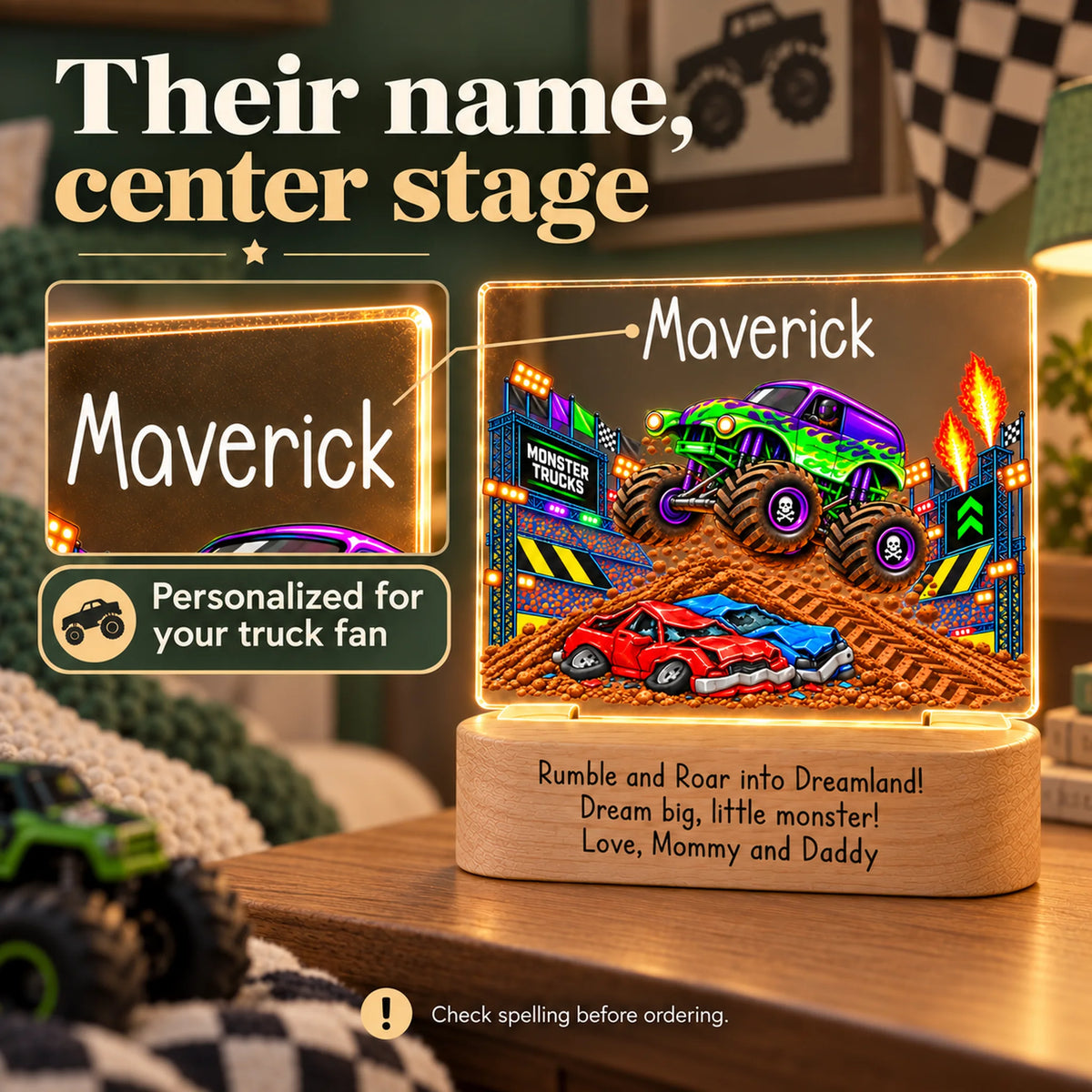 Personalized monster truck night light with a close-up of the child's name on the acrylic panel
