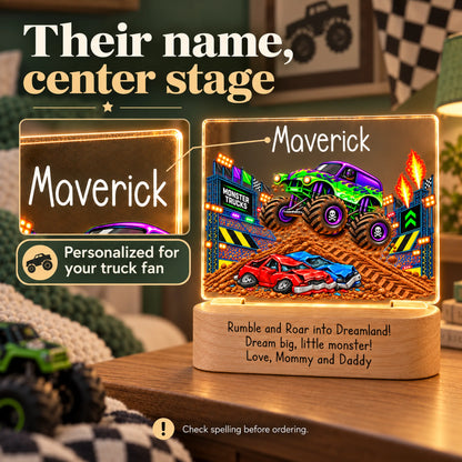 Personalized monster truck night light with a close-up of the child's name on the acrylic panel