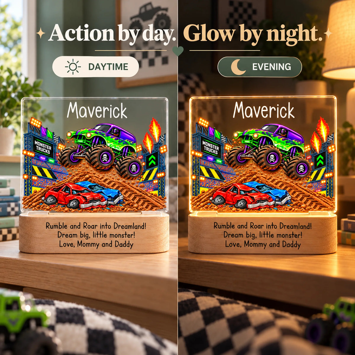 Side-by-side of the personalized monster truck night light in daytime and glowing in the evening