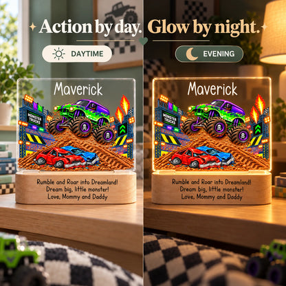 Side-by-side of the personalized monster truck night light in daytime and glowing in the evening