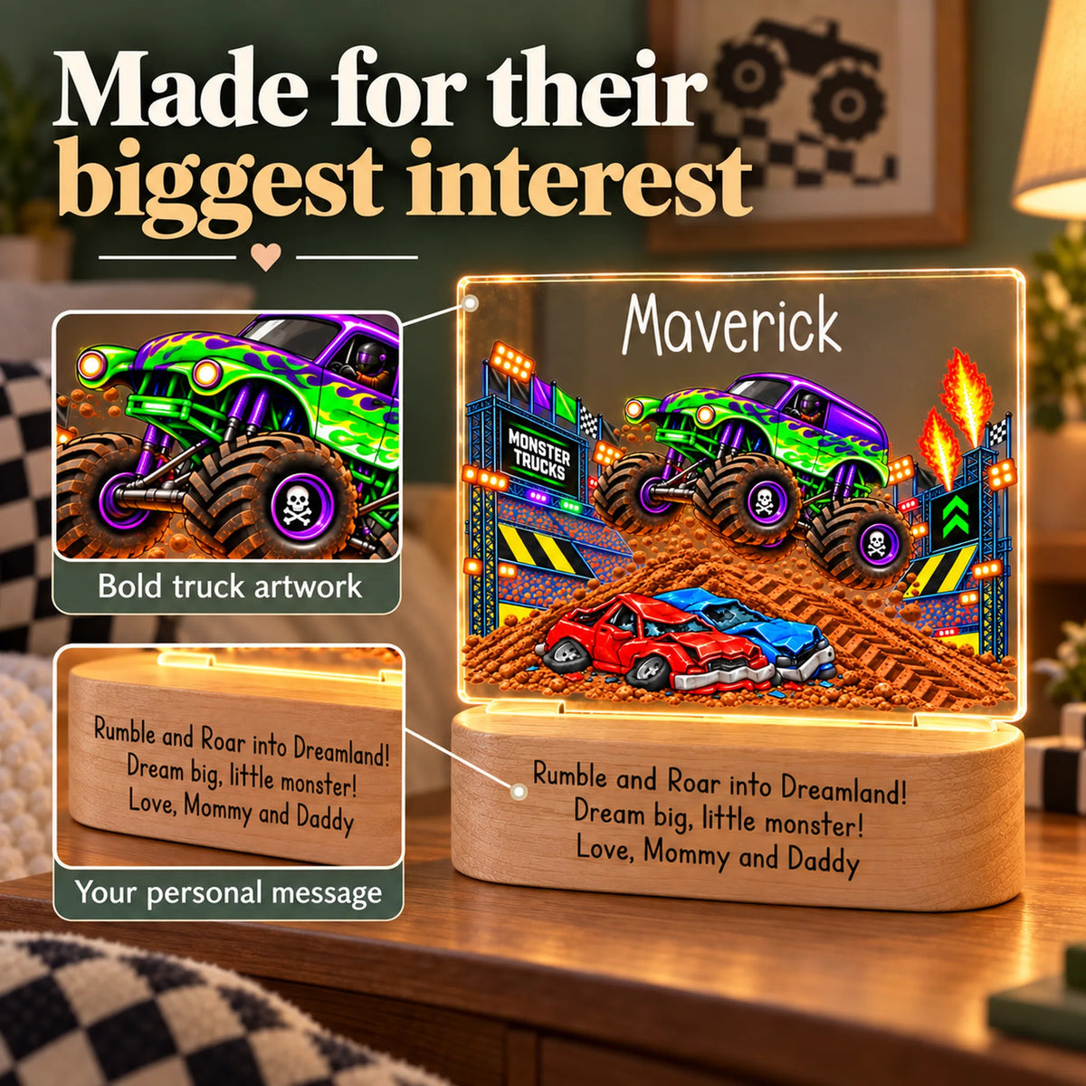 Close-up details of the personalized monster truck night light: bold truck artwork and engraved message