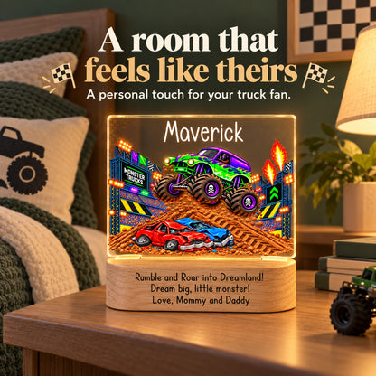 Personalized monster truck night light lit up on a bedside table, a personal touch for a truck fan