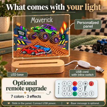 What comes with the personalized monster truck night light: acrylic panel, LED base, USB cord, optional remote