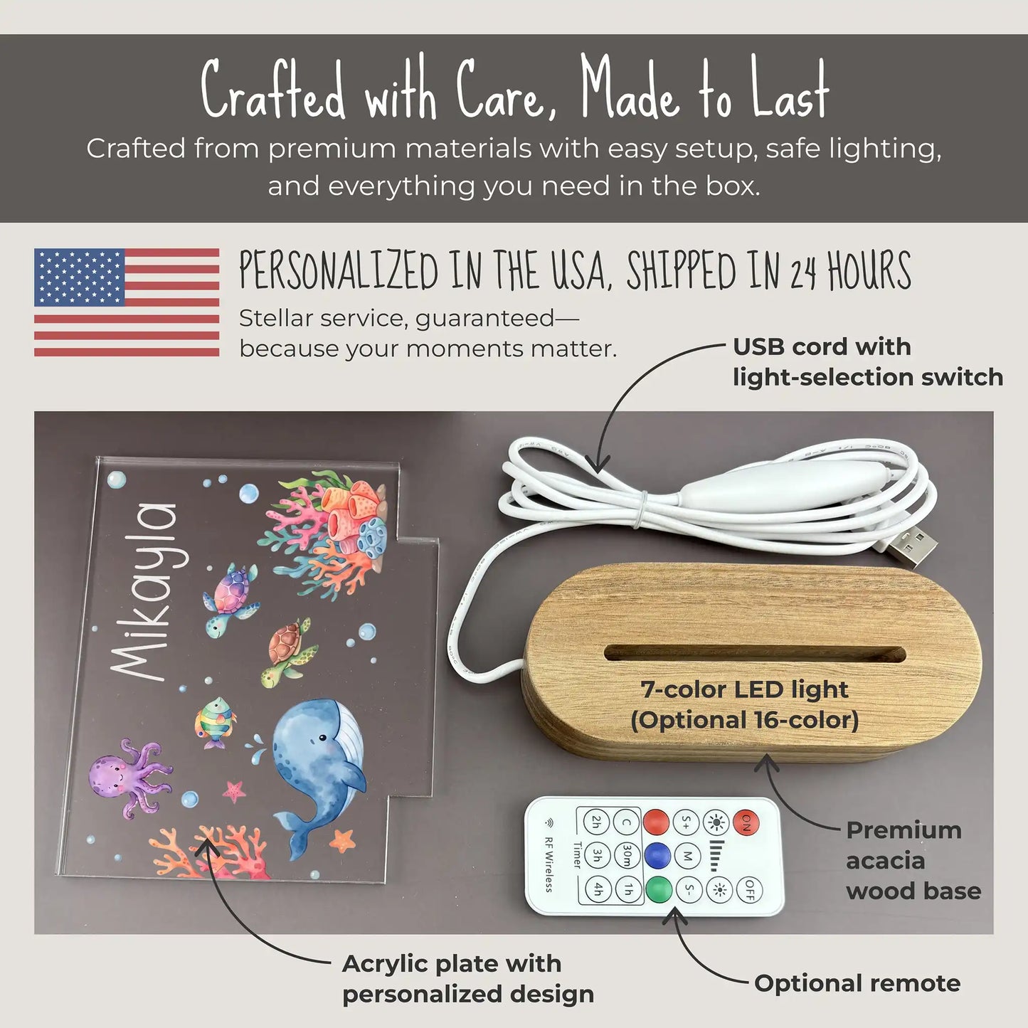 Product packaging with 7-color LED light, USB cord, remote control, and personalized acrylic plate on a gray background.