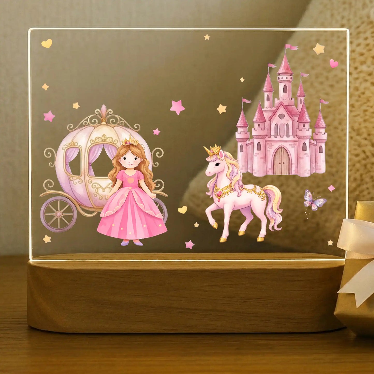 Blank personalized princess night light acrylic plate with UV printed princess golden carriage unicorn pink castle butterfly hearts and stars, girls room decor