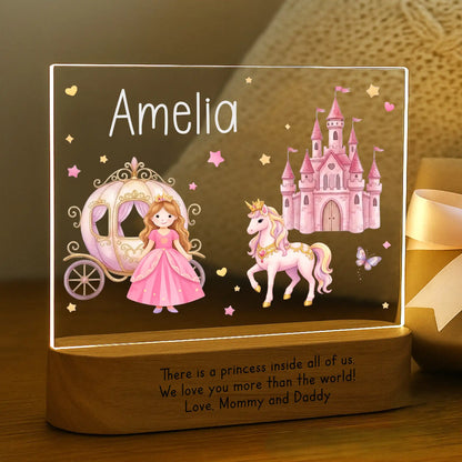 Personalized princess night light glowing with custom name Amelia laser engraved on acrylic and There Is a Princess Inside All of Us message laser engraved on acacia wood base