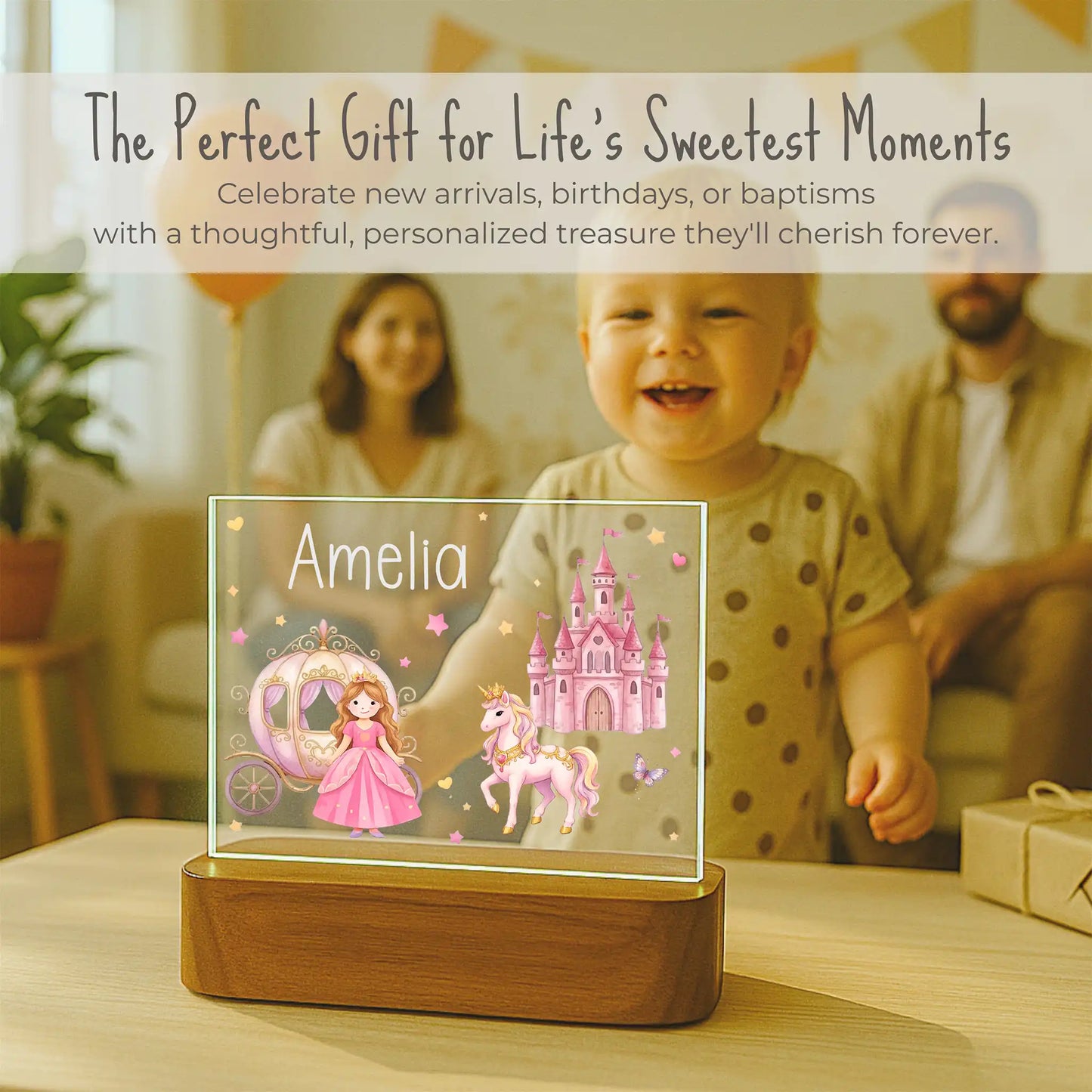Personalized girls princess night light displayed at birthday celebration, custom name Amelia laser engraved on acrylic plate, gift for toddler girls who love princesses and unicorns, ships within 24 hours