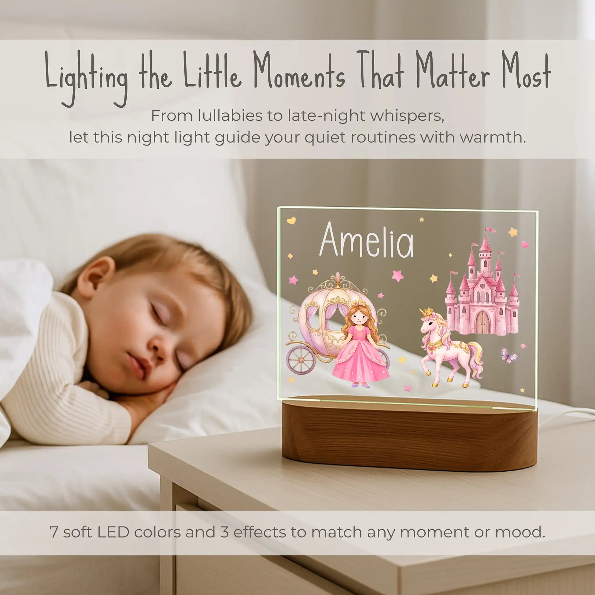 Personalized princess night light on nightstand beside sleeping child, 7 soft LED colors and 3 effects, custom name Amelia laser engraved on princess unicorn castle carriage design