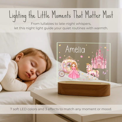 Personalized princess night light on nightstand beside sleeping child, 7 soft LED colors and 3 effects, custom name Amelia laser engraved on princess unicorn castle carriage design
