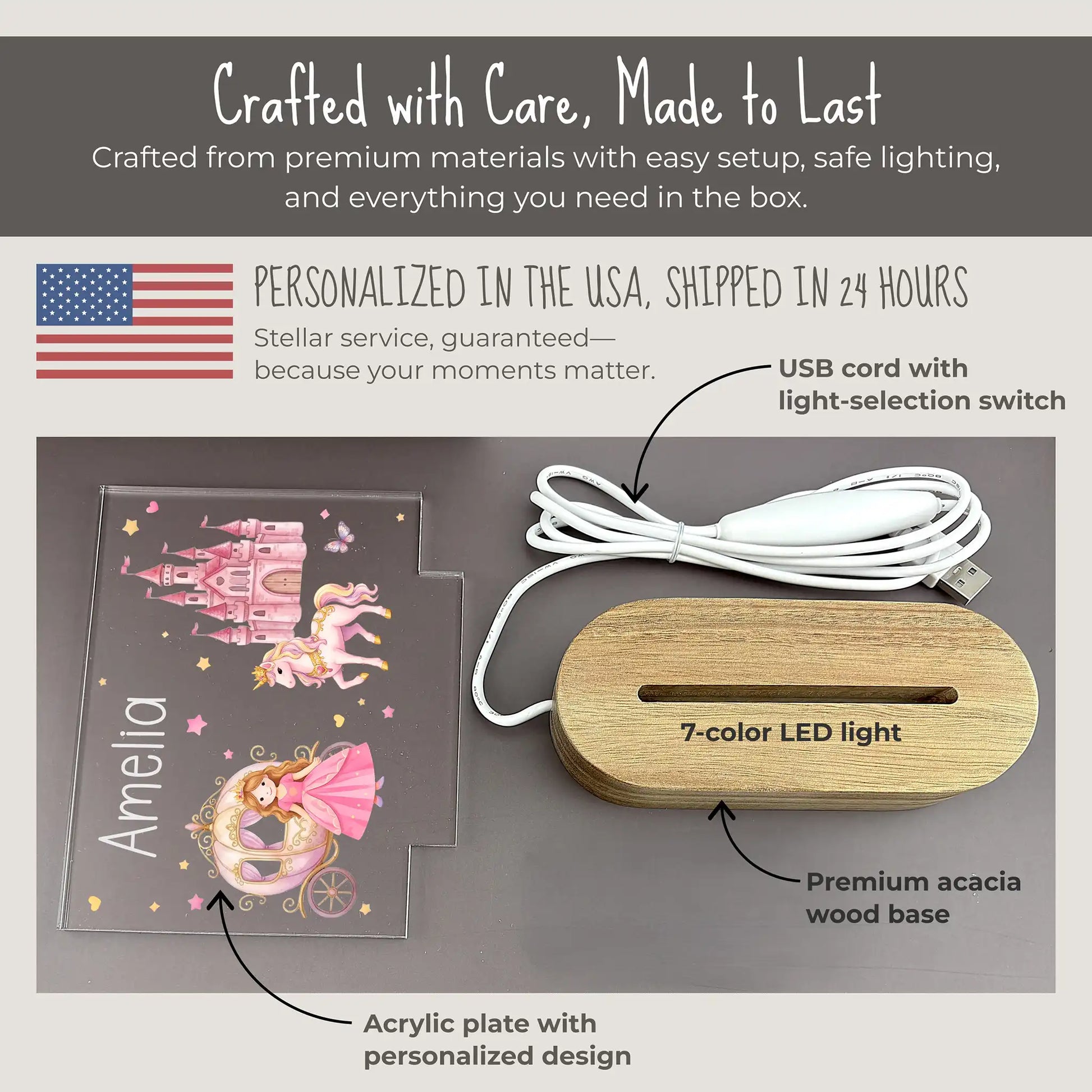 Personalized princess night light components showing UV printed acrylic plate with laser engraved name Amelia and princess carriage unicorn castle design, premium acacia wood base with 7-color LED, and USB cord with light-selection switch