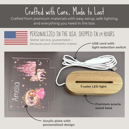 Personalized princess night light components showing UV printed acrylic plate with laser engraved name Amelia and princess carriage unicorn castle design, premium acacia wood base with 7-color LED, and USB cord with light-selection switch